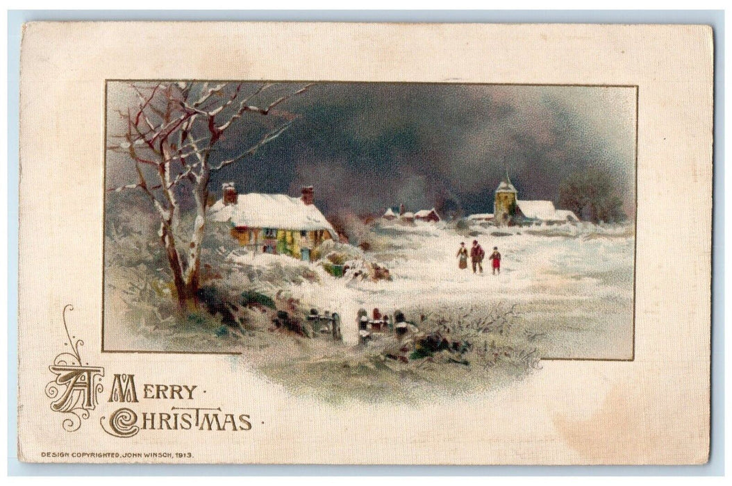 1913 Christmas House Church Winter John Winsch Artist Signed Embossed Postcard