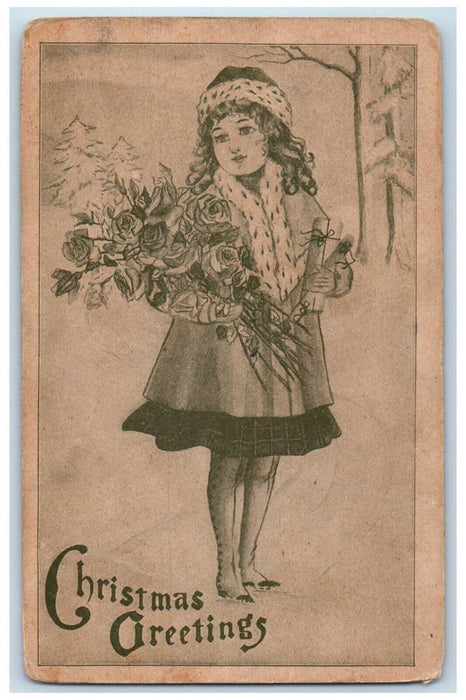 c1910's Christmas Greetings Pretty Girl With Roses Flowers Antique Postcard
