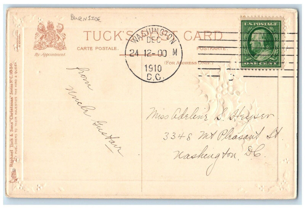 1910 Christmas And New Year Message Burnside Holly Berries Tuck's Postcard