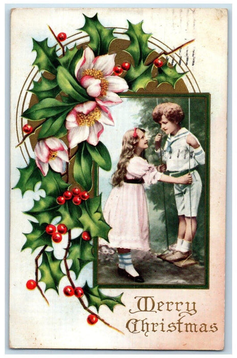 1913 Christmas Children Playing Swing Holly Berries Flowers Milton PA Postcard