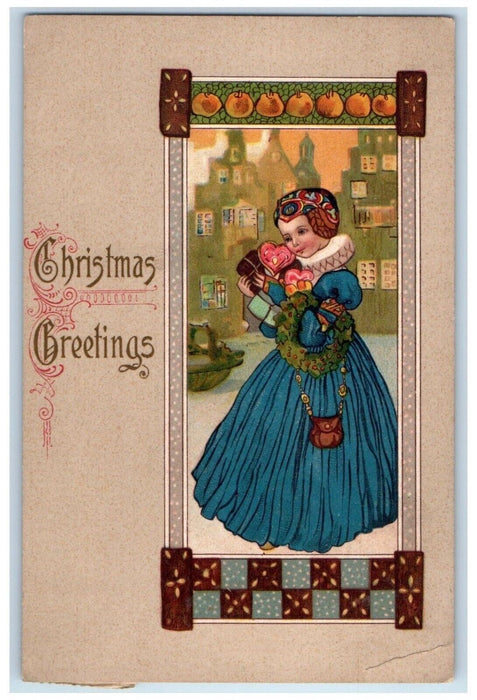 1910 Christmas Greetings Dutch Girl With Whreat And Gifts Reitz PA Postcard