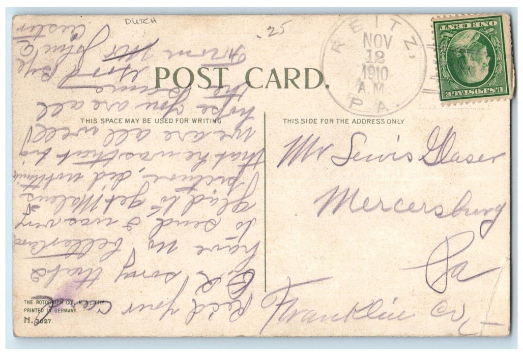 1910 Christmas Greetings Dutch Girl With Whreat And Gifts Reitz PA Postcard