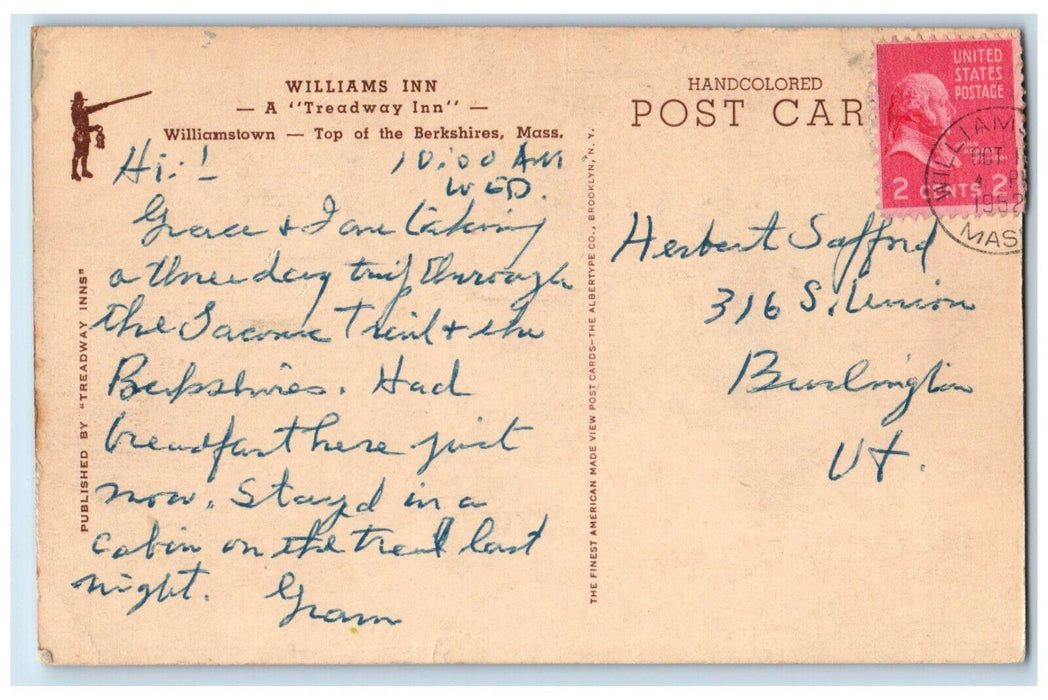 1952 View Of Williams Inn Hotel Williamstown Massachusetts MA Vintage Postcard