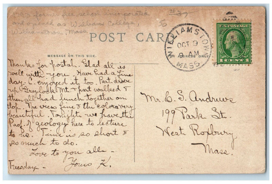 1912 Thompson Memorial Chapel Williams College Williamstown MA Antique Postcard
