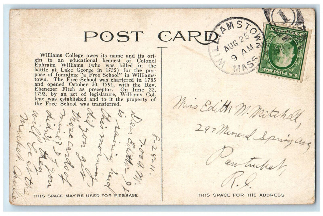 1911 Campus And Hopkins Hall Williams College Building Williamstown MA Postcard