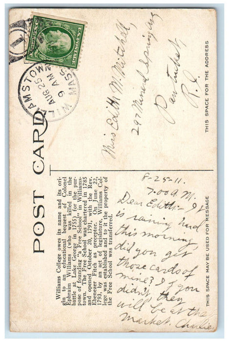 1911 Campus And Hopkins Hall Williams College Building Williamstown MA Postcard