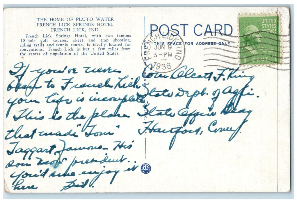 1938 The Home Of Pluto Water French Lick Springs Hotel Indiana IN Postcard