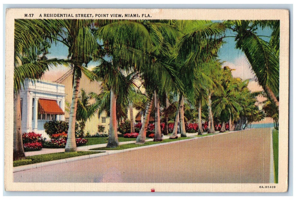 1939 A Residential Street Point View Palm-lined Miami Beach Florida FL Postcard