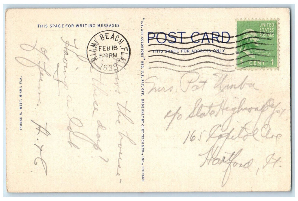 1939 A Residential Street Point View Palm-lined Miami Beach Florida FL Postcard