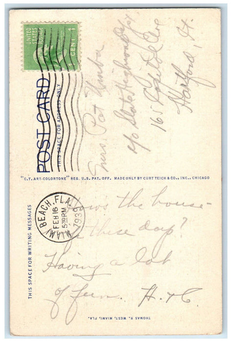 1939 A Residential Street Point View Palm-lined Miami Beach Florida FL Postcard