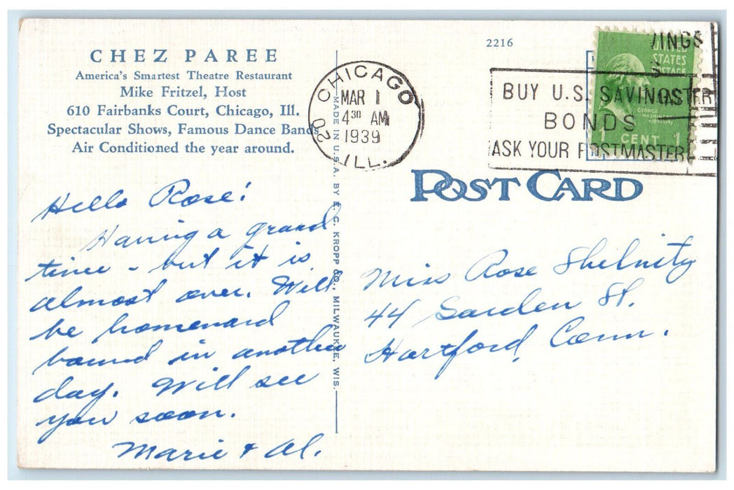 1939 Chez Paree Cocktail Lounge And Sapphire Bar Chicago Illinois IL Postcard