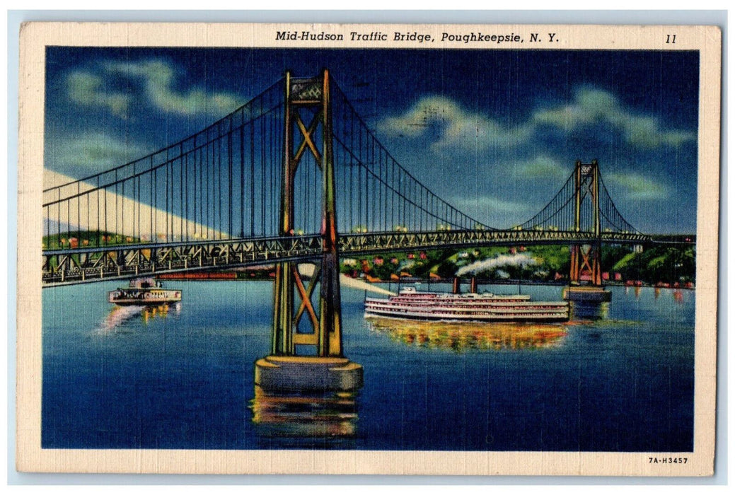 1938 Mid-Hudson Traffic Bridge Steamer Ship Poughkeepsie New York NY Postcard
