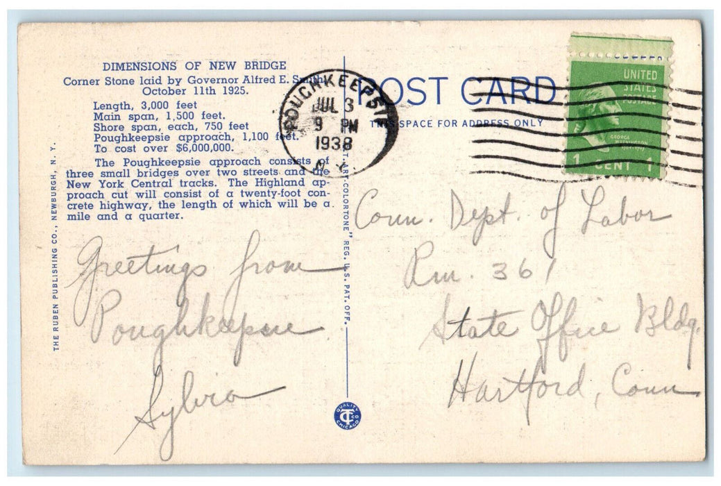 1938 Mid-Hudson Traffic Bridge Steamer Ship Poughkeepsie New York NY Postcard