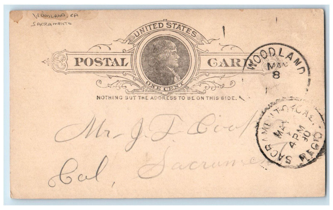 1890 Letter to J.F. Cooper Woodland California CA Sacramento CA Postal Card