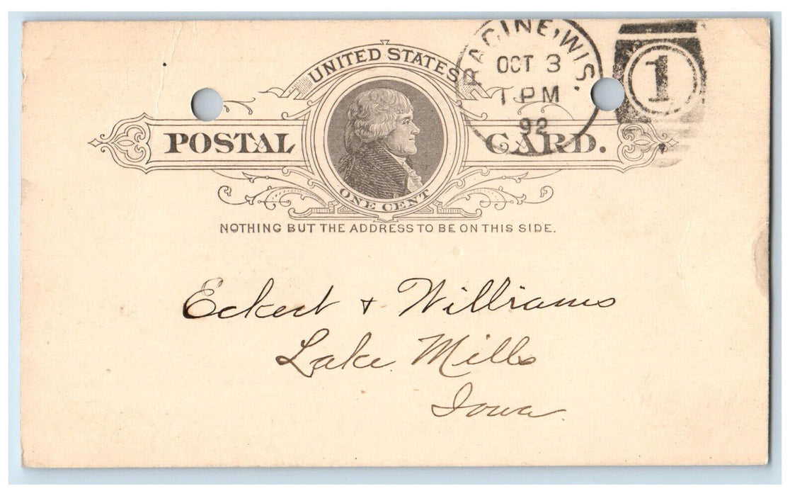 1891 S. Freeman & Sons Mfg. Co. Racine WI Eckert & Williams Postal Card