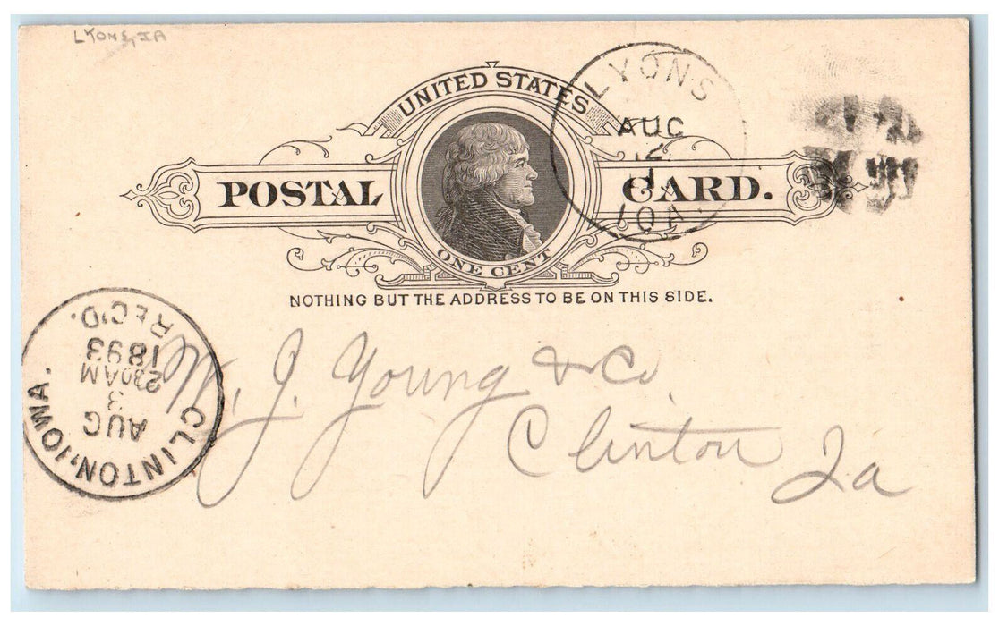 1893 JT Kamithu MA Distrow Lyons Iowa IA Clinton IA Antique Postal Card