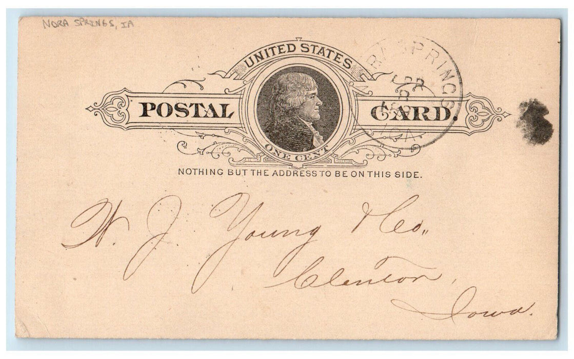 c1880's Nora Springs Iowa IA WJ Young & Co Clinton Iowa IA Postal Card