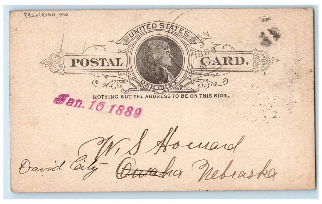 1888 RR Company Joe Bayles Princeton Missouri MO Posted Postal Card