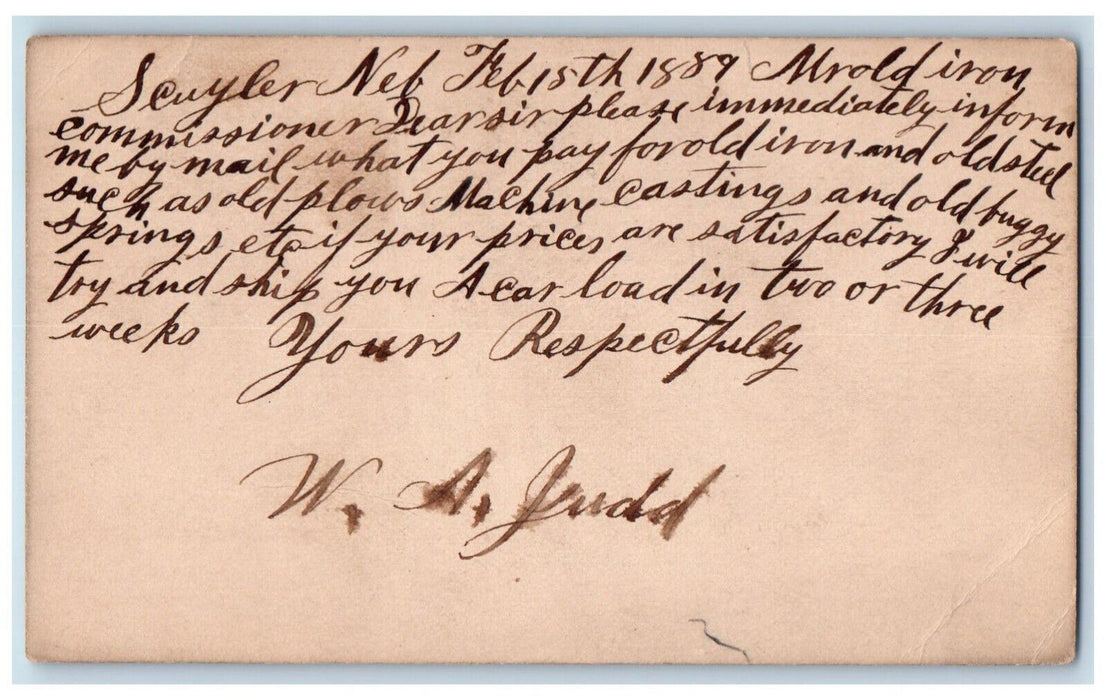 1889 Old Iron Commissioner Schuyler Omaha Nebraska NE WA Judd Postal Card