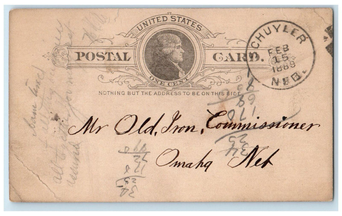1889 Old Iron Commissioner Schuyler Omaha Nebraska NE WA Judd Postal Card