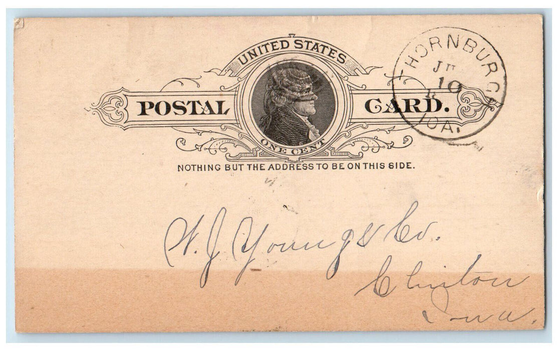 1892 Mr O Rust WJ Young and Co. Thornburg Iowa IA Clinton IA Postal Card