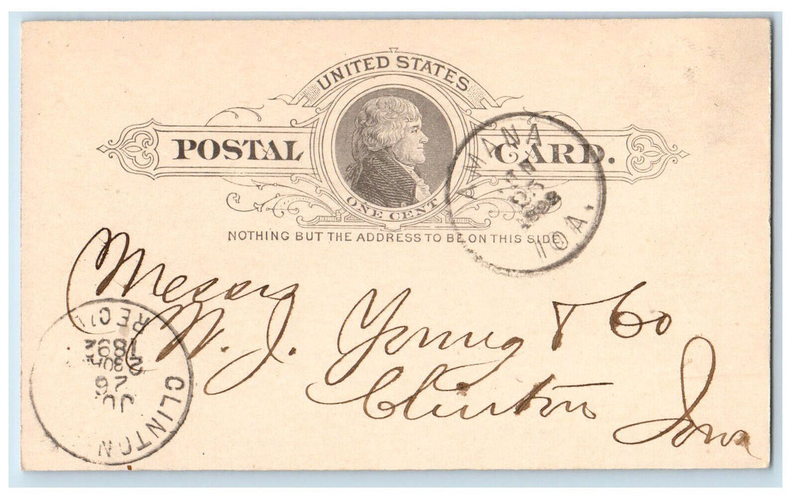 1892 Amana Arrid Amana Iowa IA Clinton IA Antique Posted Postal Card