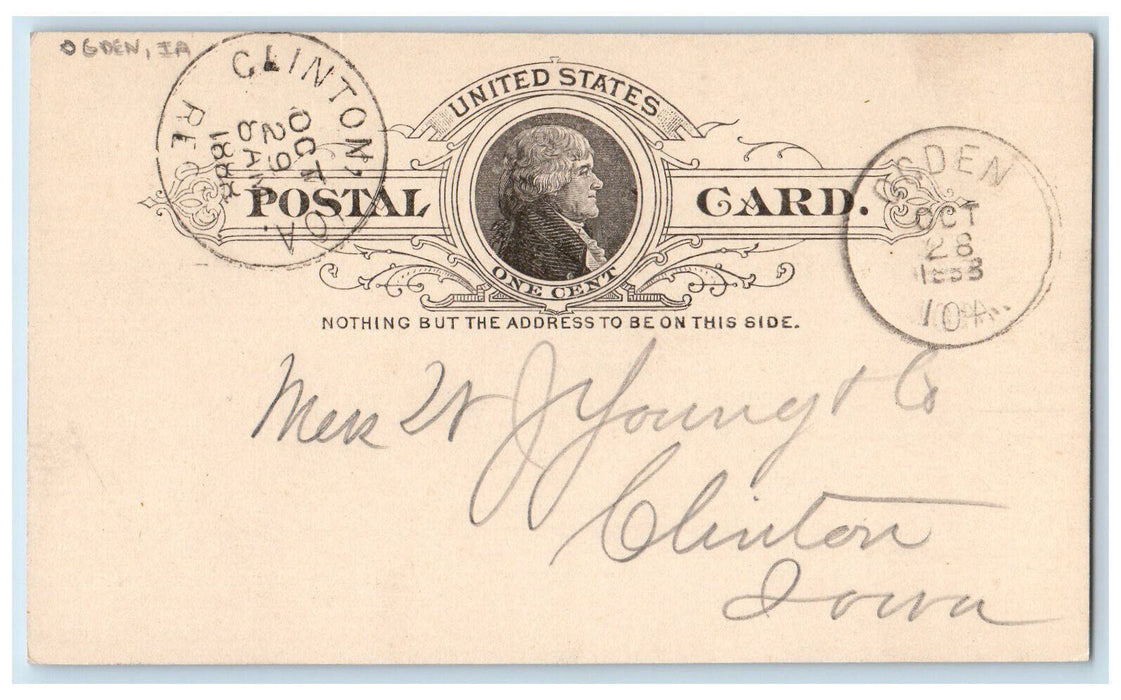 1888 Ogden Lumber Co Ogden Iowa IA Clinton IA Antique Posted Postal Card