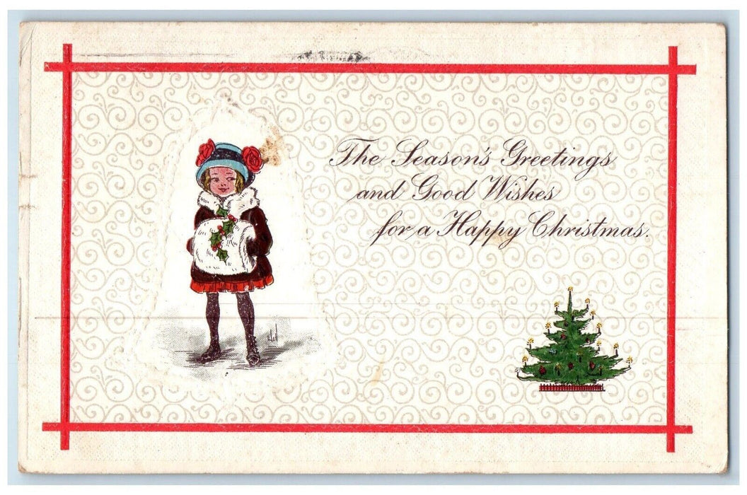 c1910's Christmas Greetings Girl Handwarmer Christmas Tree Embossed Postcard