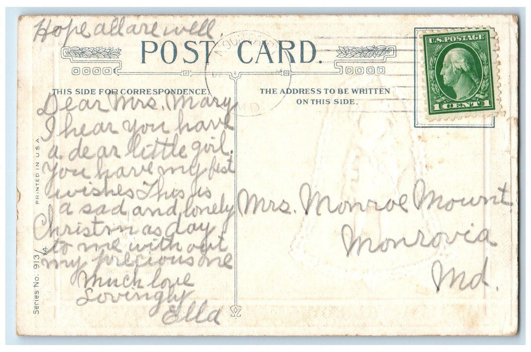 c1910's Christmas Greetings Girl Handwarmer Christmas Tree Embossed Postcard