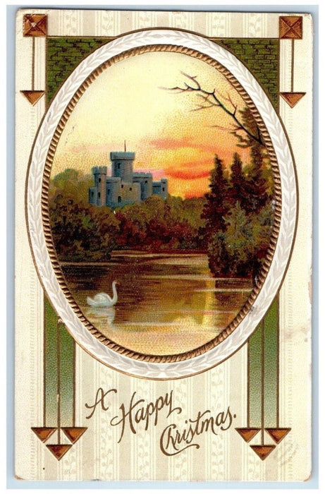 1909 Christmas Swan River Art Nouveau Embossed Hornell New York NY Postcard