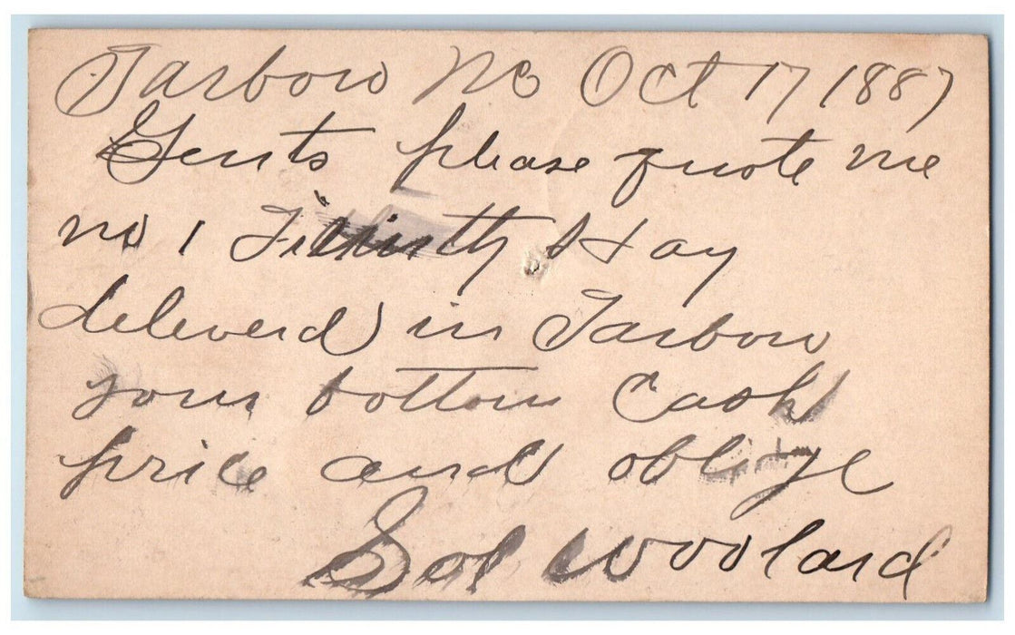 1887 Miss J.O. Allewaet Tarboro Nebraska NE Baltimore MD Postal Card