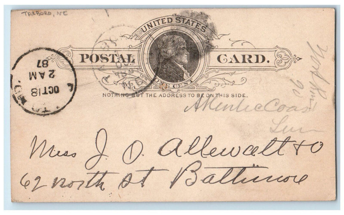 1887 Miss J.O. Allewaet Tarboro Nebraska NE Baltimore MD Postal Card