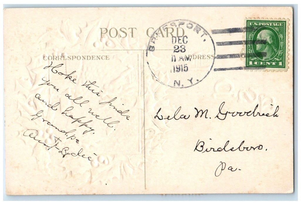 1915 Christmas Children Sleigh Holly Berries Embossed Bridgeport NY Postcard