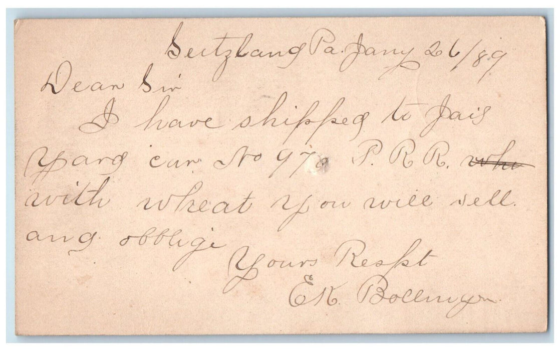 1889 JO Allewaet Seitzland Pennsylvania PA Baltimore MD Posted Postal Card