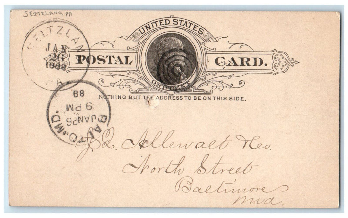 1889 JO Allewaet Seitzland Pennsylvania PA Baltimore MD Posted Postal Card