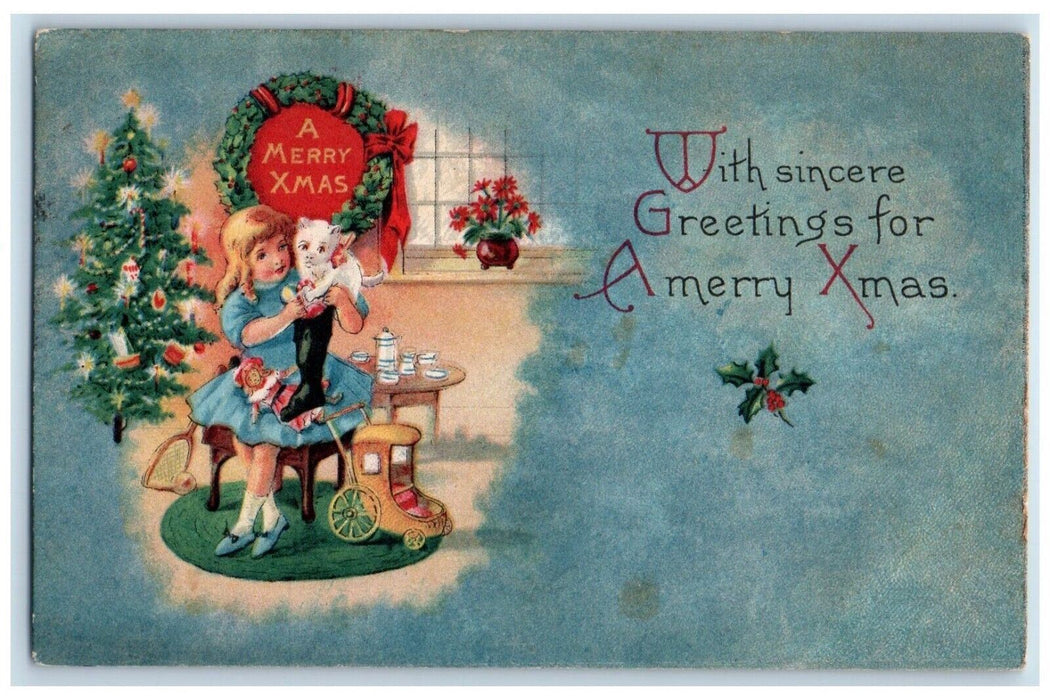Christmas Greetings Whreat Little Girl Cat Stockings Full Of Toys Postcard