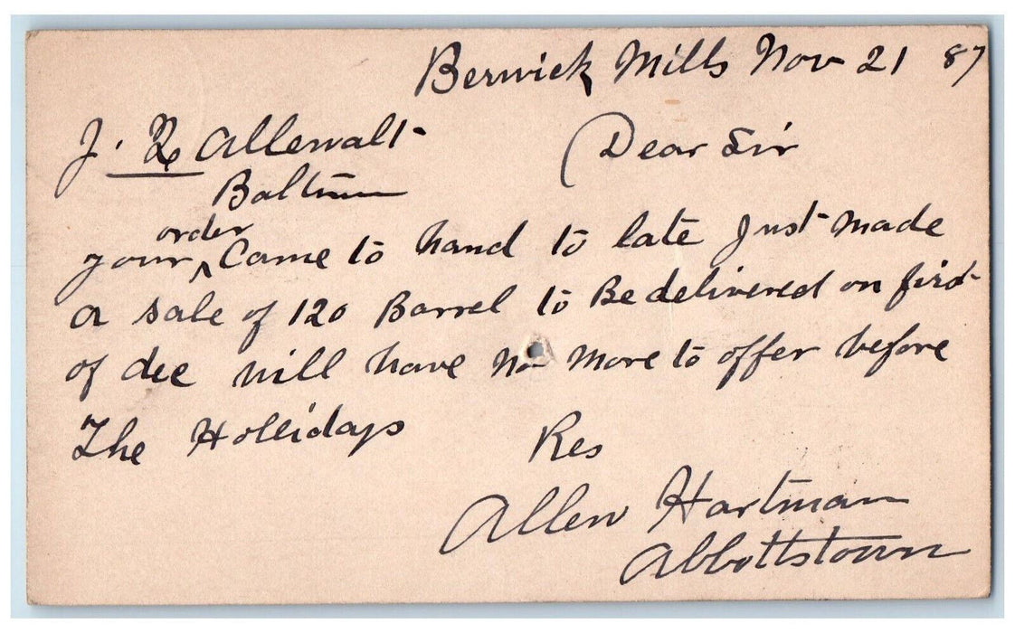 1887 Allen Hartman Abbotstown Pennsylvania PA Balitmore MD Postal Card