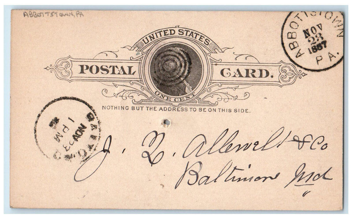 1887 Allen Hartman Abbotstown Pennsylvania PA Balitmore MD Postal Card