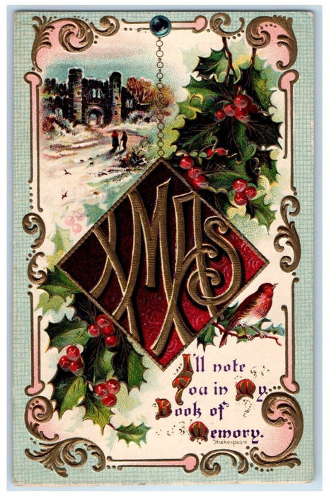 1912 Christmas Song Bird Holly Berries Embossed Portland OR Postcard