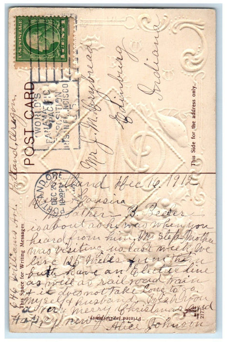 1912 Christmas Song Bird Holly Berries Embossed Portland OR Postcard