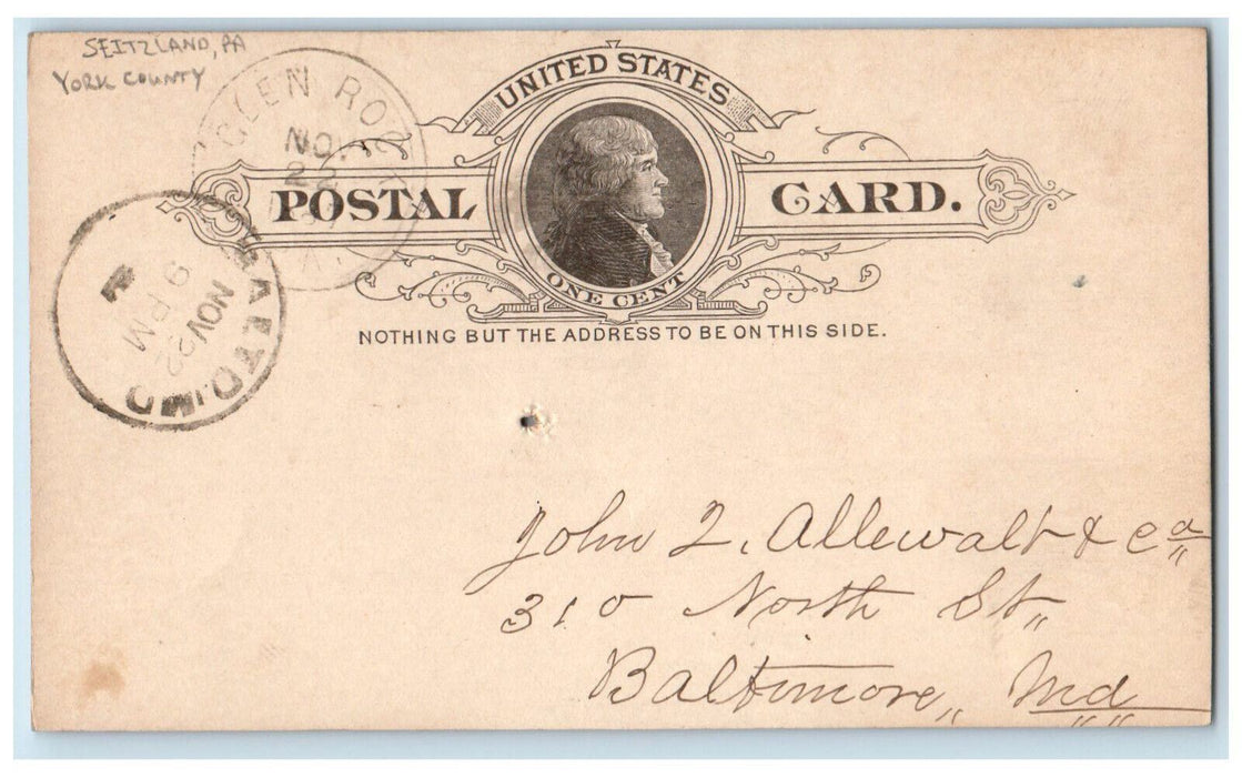 1887 S Seitz Seitzland Pennsylvania PA York County Glen Rock NJ Postal Card