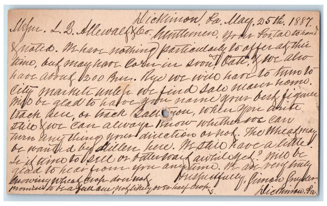 1887 Sinon Snyder Dickimon PA Huntsdale Pennsylvania PA Baltimore MD Postal Card