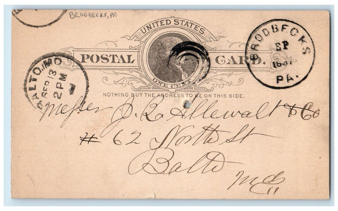 1887 Mejser Allewall & Co. Brodbecks Pennsylvania PA Baltimore MD Postal Card