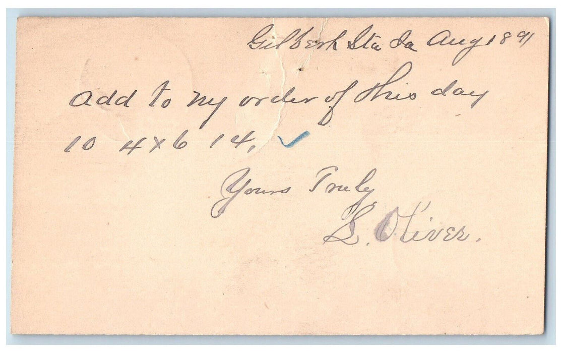 1891 S. Oliver Gilbert Station Iowa IA Clinton Iowa IA Posted Postal Card