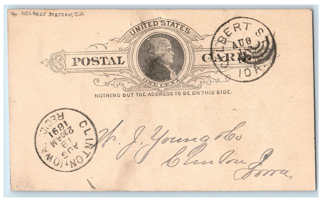 1891 S. Oliver Gilbert Station Iowa IA Clinton Iowa IA Posted Postal Card