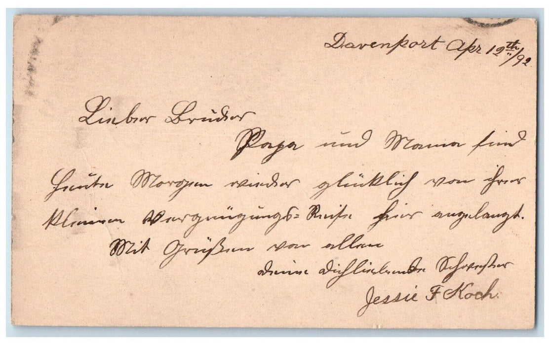 1892 Jessie F Koch Davenport Iowa IA Omaha Nebraska NE Antique Postal Card