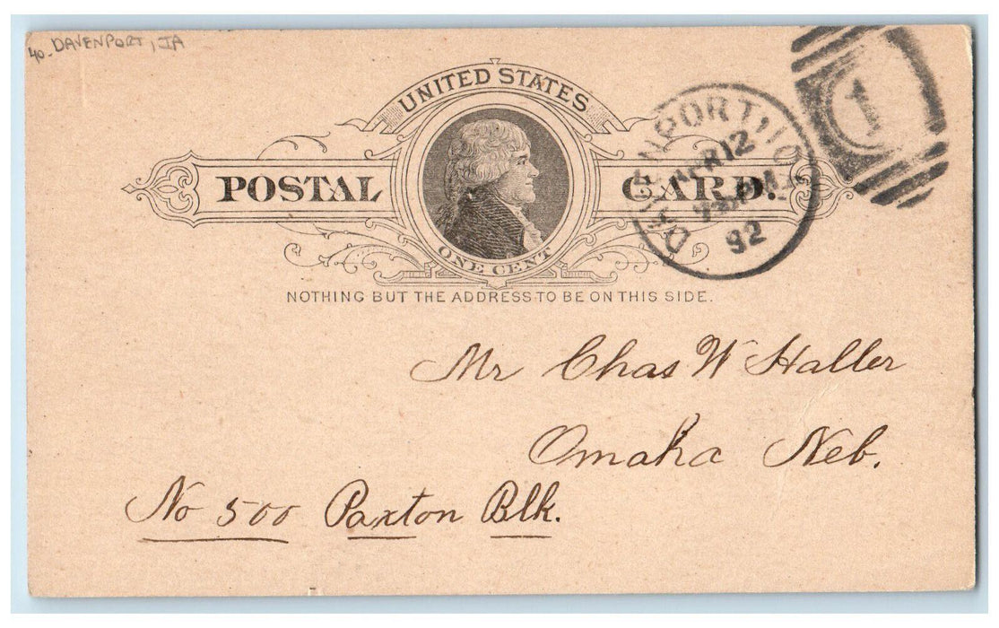 1892 Jessie F Koch Davenport Iowa IA Omaha Nebraska NE Antique Postal Card