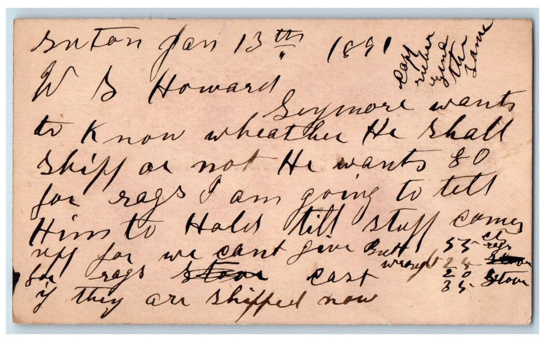 1891 WS Howard Sutton Nebraska NE Omaha NE Antique Posted Postal Card