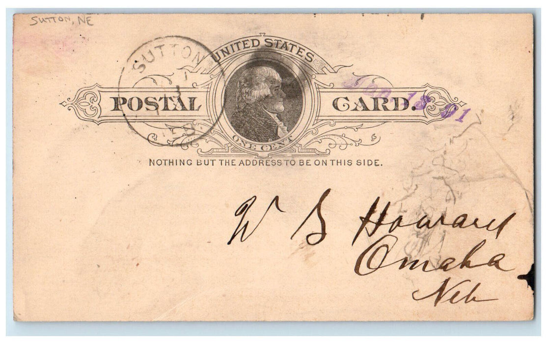 1891 WS Howard Sutton Nebraska NE Omaha NE Antique Posted Postal Card