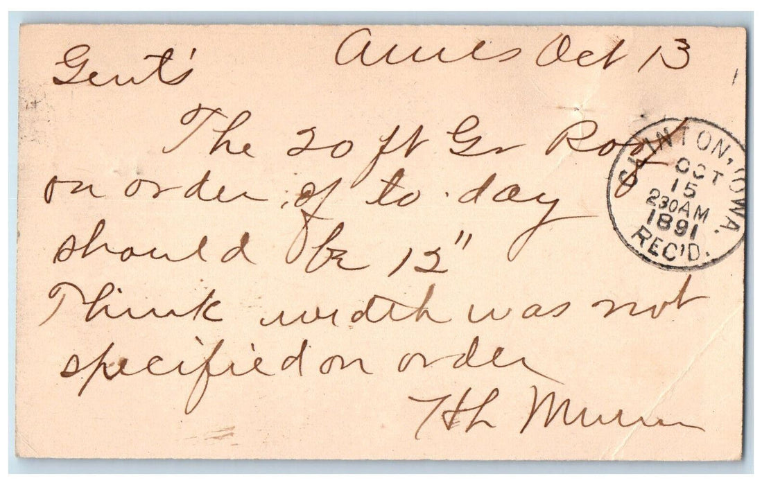 1891 Order Should be 12" Ames Iowa IA Clinton Iowa IA Antique Posted Postal Card